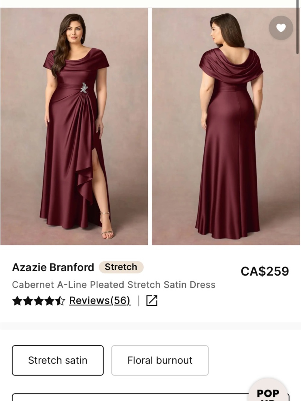 NWT Azazie Branford Cabernet A-Line Pleated Stretch Satin Dress A20 size